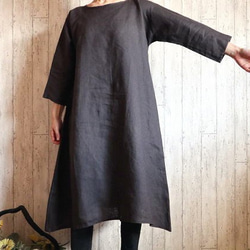 100% 亞麻喇叭連身裙木炭 [4 種尺寸從 M 到 6L] 純 A 字亞麻 3/4 袖子小訂單 OK 第3張的照片