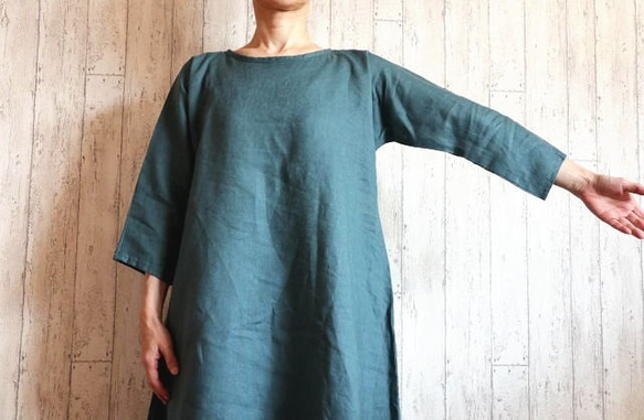100% 亞麻喇叭連身裙 翠綠色 [M - 6L 4 尺寸] A 線亞麻 3/4 袖子 小訂單 OK 第5張的照片