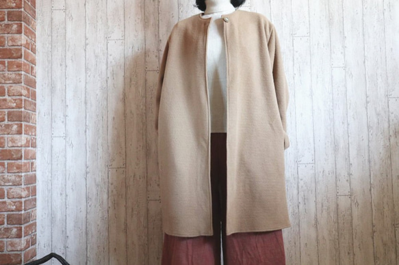 【送料無料】ノーカラー　圧縮ニットの厚手ウール　羽織りロングボレロコート　キャメルベージュ　M～６L　 6枚目の画像