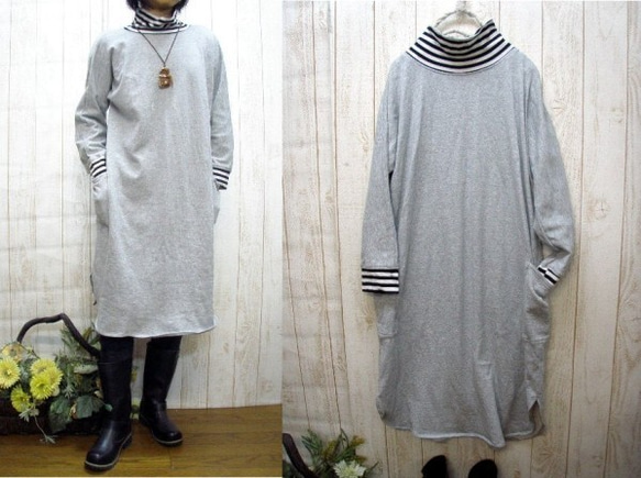 【2個尺寸可供選擇：M-2L/3L-5L】灰色衛衣+條紋海龜連身裙，日本製造，也接受小訂單 第2張的照片
