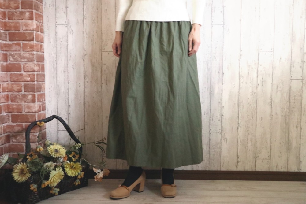【M～２L,３L～５L】オリーブグリーンの暖かコットンウール　シンプルなロングスカート　プチオーダーOK 4,899円