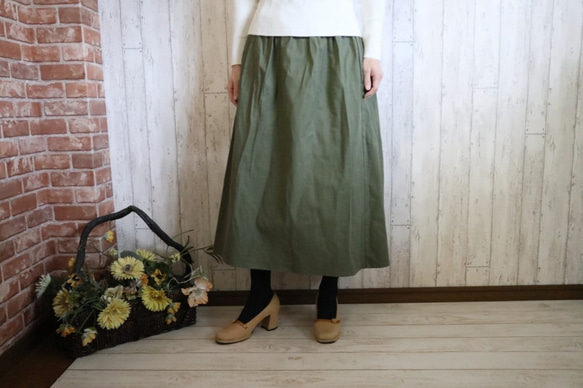 【M～２L,３L～５L】オリーブグリーンの暖かコットンウール　シンプルなロングスカート　プチオーダーOK 2枚目の画像