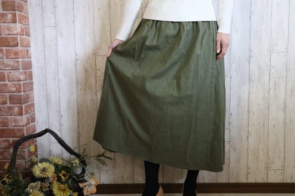 【M～２L,３L～５L】オリーブグリーンの暖かコットンウール　シンプルなロングスカート　プチオーダーOK 3枚目の画像