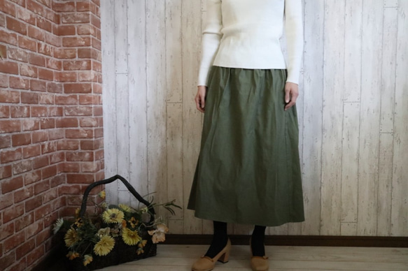 【M～２L,３L～５L】オリーブグリーンの暖かコットンウール　シンプルなロングスカート　プチオーダーOK 6枚目の画像