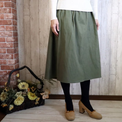 【M～２L,３L～５L】オリーブグリーンの暖かコットンウール　シンプルなミディ丈スカート　プチオーダーもok! 3枚目の画像
