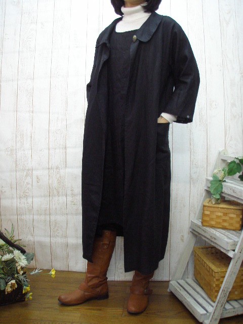 リネンロングコート　黒　M～６Lサイズから　受注制作　セミオーダーOK