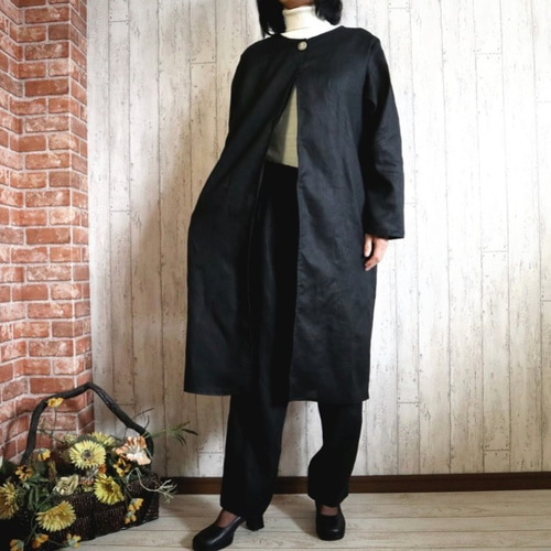M～5L】4サイズ展開 ロングコート＆パンツセット 【黒リネン】卒業