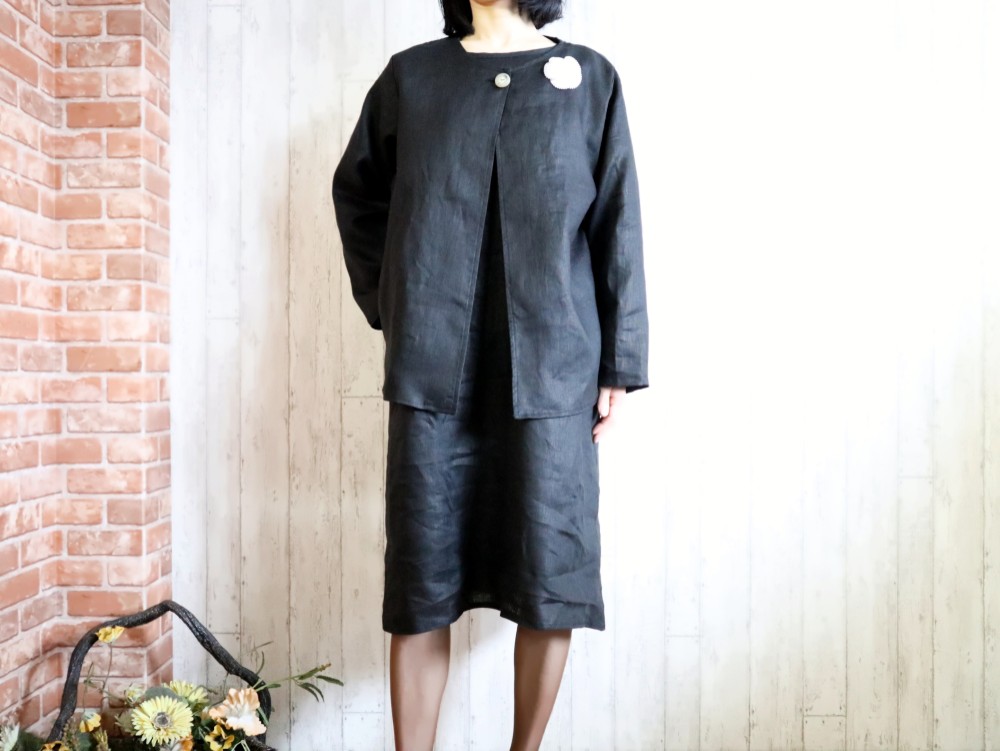 【Ｍ～５Ｌ】選べる４サイズ　ボレロJK ＆ＯＰアンサンブル 【黒リネン】卒業・入学　【送料無料】プチオーダーOK