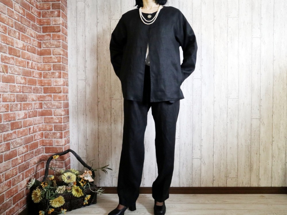 【Ｍ～５Ｌ・４サイズ】黒リネン　ボレロJK＆パンツセット【送料無料】七五三・卒業・冠婚葬祭　プチオーダーも