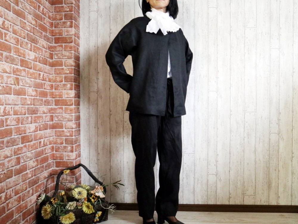【Ｍ～５Ｌ・４サイズ】黒リネン　ボレロJK＆パンツセット【送料無料】七五三・卒業・冠婚葬祭　プチオーダーも