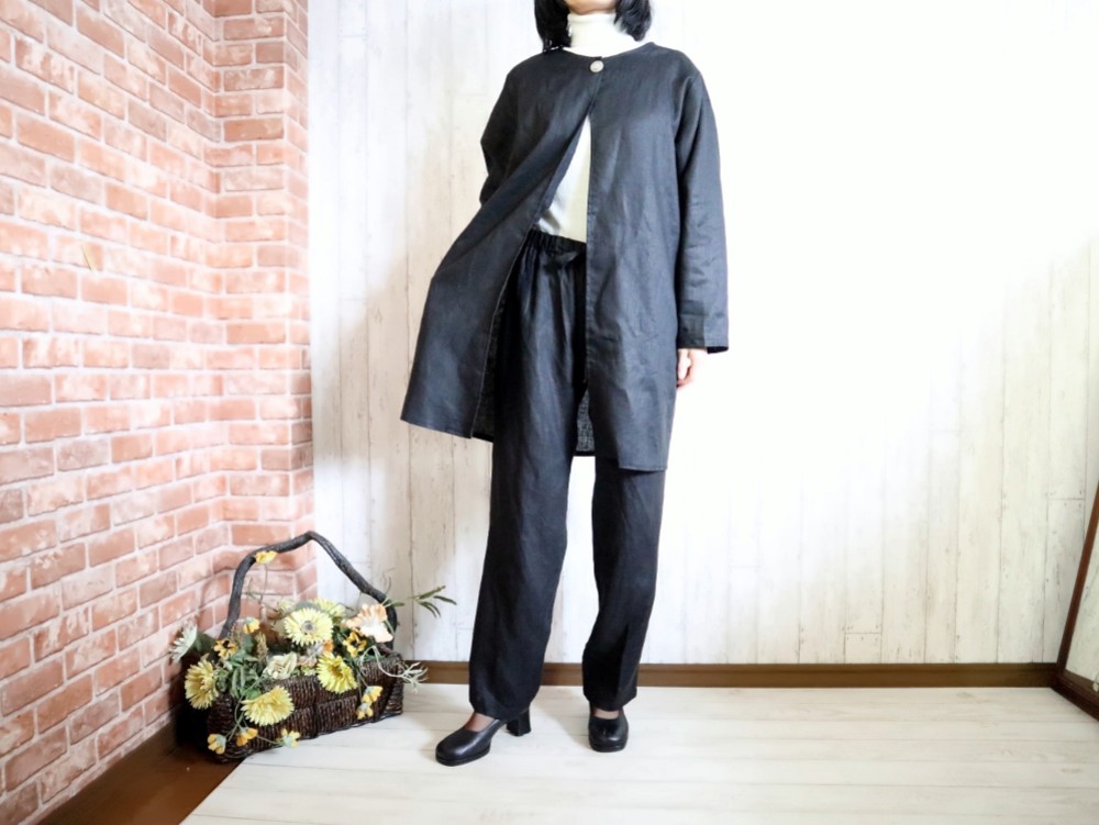 【Ｍ～５Ｌ・選べる４サイズ】【送料無料】フォーマルに　ノーカラーJK＆パンツセット　黒リネン　プチオーダーＯＫ