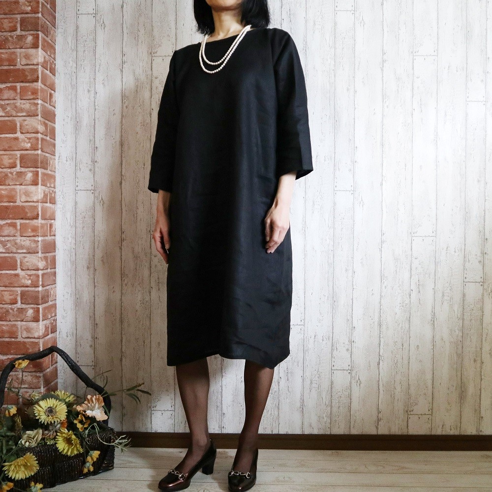 【選べるM～5L・４サイズ】黒リネン セレモニーワンピース/七五三・卒業・フォーマル・冠婚葬祭・プチオーダーOK
