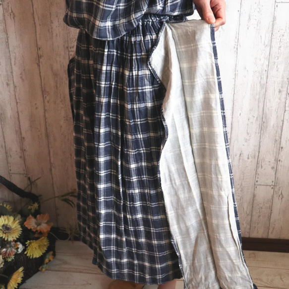 限定商品　春先に　柔らかＷガーゼ　変形ギャザーフリルスカート　紺系　チェック　　M～２L 6枚目の画像