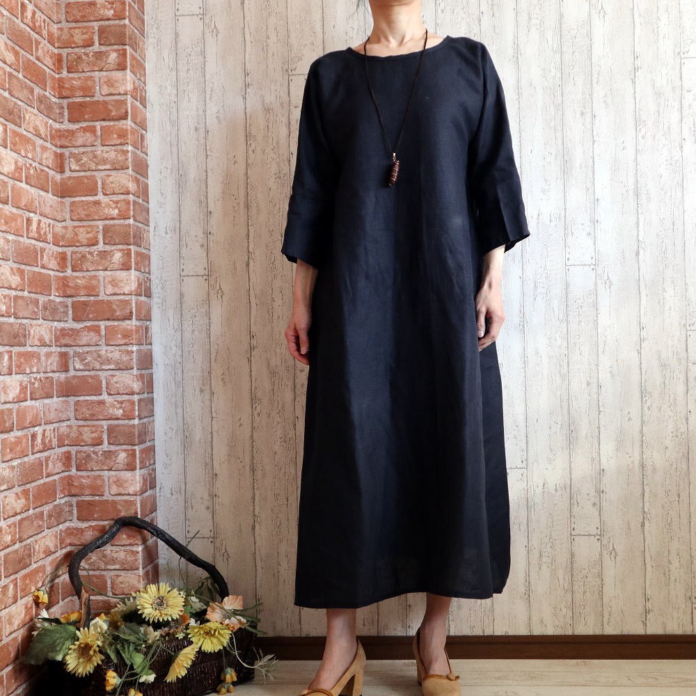リネン100％　Aラインロングフレアーワンピース　紺【M～６Lの４サイズ】【116センチ・125センチ】プチオーダーOK