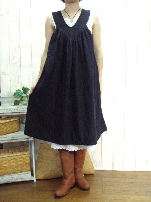 [M-5L] 可愛成熟雙層紗布吊帶連身裙，帶有裝飾縫線，觸感柔軟，黑色，也接受小訂單 第2張的照片