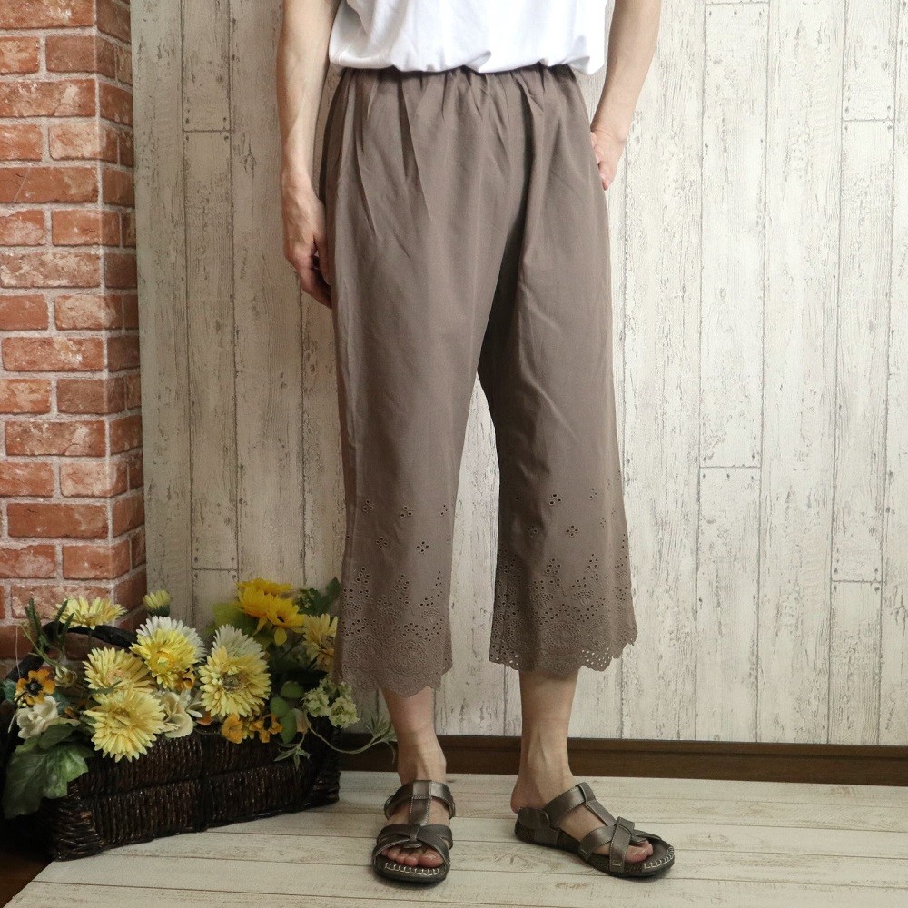 綺麗なスカラップレースパンツ　ライトカーキ　股下５０、６０センチ　M～２L,３L～５L　プチオーダー可！
