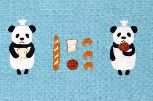 プティデポーム　パンダのパン屋　綿麻生地 ｜ブルー　1m 2枚目の画像
