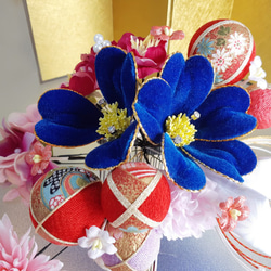 Furisode髮飾和服成人儀式拍攝前畢業典禮日式藍色飾袖天鵝絨花Chirimentama Mizubiki 第3張的照片