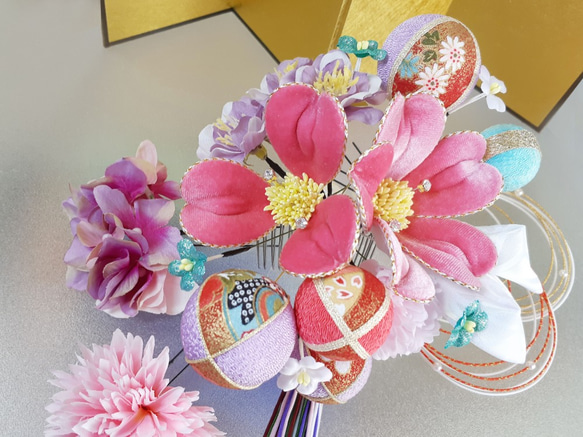 鞦韆袖頭飾成人儀式拍前畢業典禮日式粉色鞦韆袖和服天鵝絨花Chirimen球水珠 第4張的照片