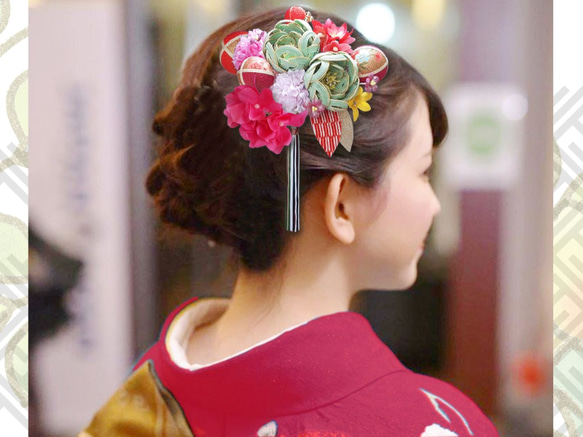 Furisou Mizuhiki花髮飾成人儀式畢業典禮Chirimentama日本和服綠色4件套 第6張的照片
