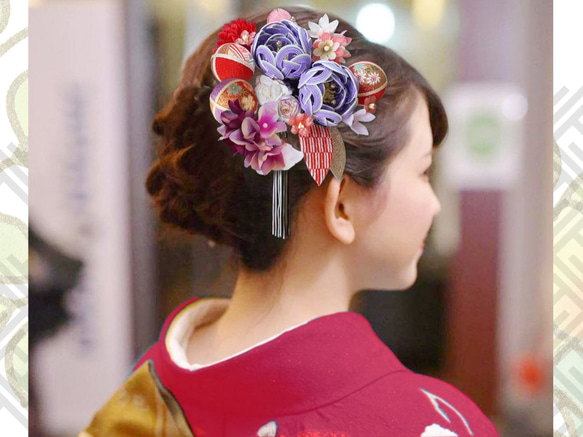 Furisou Mizuhiki花髮飾成人儀式畢業典禮Chirimentama日本和服紫色Kikyo顏色4件套 第6張的照片
