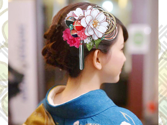 Furisode頭飾和服和服成人典禮畢業典禮日本白色Furisode天鵝絨大花大Chirimen Mizuhiki 第7張的照片
