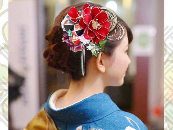Furisode頭飾和服成年禮畢業典禮日本紅色Furisode天鵝絨花大手ri水木 第7張的照片