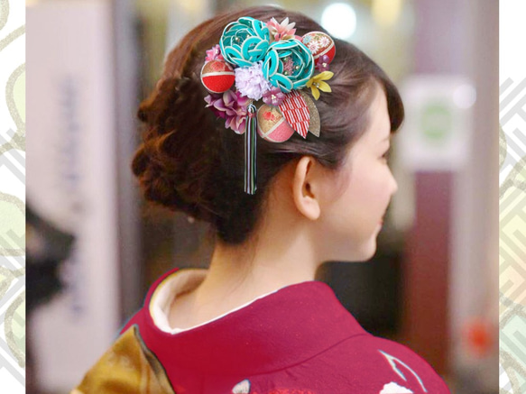 Furisode髮飾Mizuhiki花成年儀式畢業典禮Chirimentama日本和服和服玉綠色Mizuhiki 4件套 第7張的照片