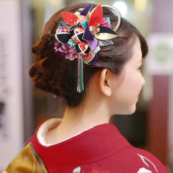 Furisode 髮飾 成人禮 預拍畢業典禮 日本紫紅色 Furisode 和服 Switch Chirimen Flower 第7張的照片