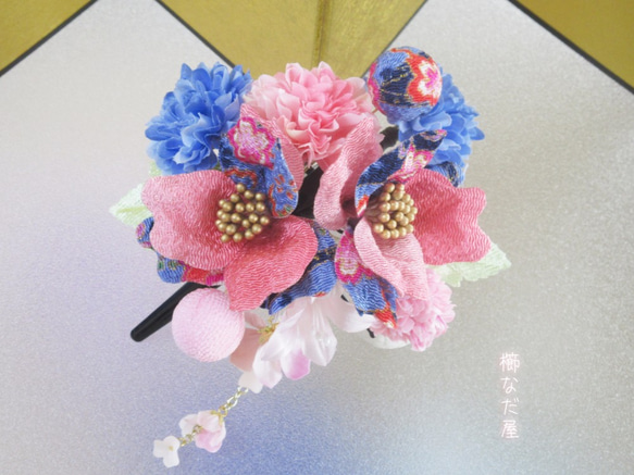 成人式 和装髪飾り 椿 ちりめん花 青ピンク系 振袖 着物 ヘアクリップ kimono accessory 1枚目の画像