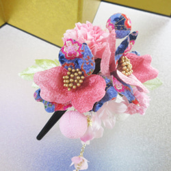 成人式 和装髪飾り 椿 ちりめん花 青ピンク系 振袖 着物 ヘアクリップ kimono accessory 2枚目の画像