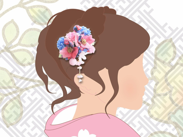 成人式 和装髪飾り 椿 ちりめん花 青ピンク系 振袖 着物 ヘアクリップ kimono accessory 4枚目の画像