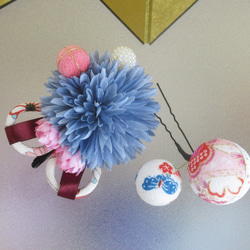 和服髮飾成人儀式Shichigosan入口儀式縐玉球花朵髮飾和服髮夾和服藍色系列 第3張的照片