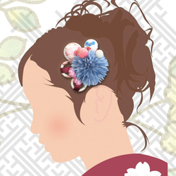 和服髮飾成人儀式Shichigosan入口儀式縐玉球花朵髮飾和服髮夾和服藍色系列 第4張的照片
