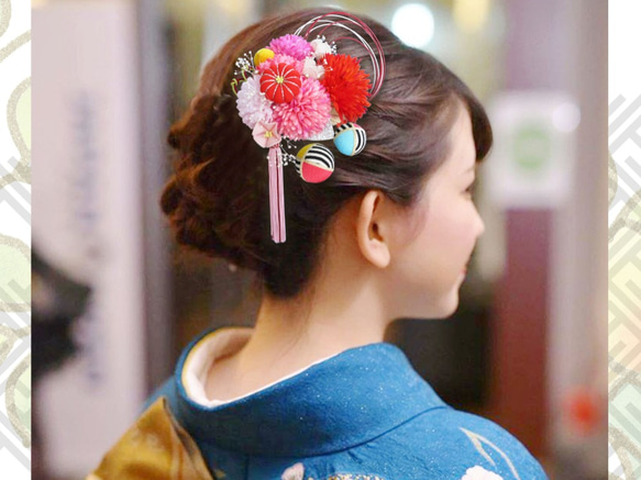 和服髮飾成人儀式畢業禮儀球Shibari sum Sumo袖紅粉色6點套裝 第4張的照片