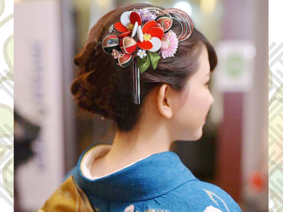 和服髮飾成人畢業典禮日本紅白色和服kirimen圈花水木5件套 第4張的照片