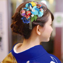 和服髮飾成人畢業典禮日式藍色Fur節手riEnhana Mizuhiki Ichimatsu 5件套 第4張的照片