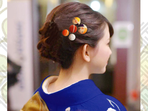 和服日式球髮飾成人畢業典禮千里門日式和服摺紙橙色橙色水波紋圖案5件套 第4張的照片