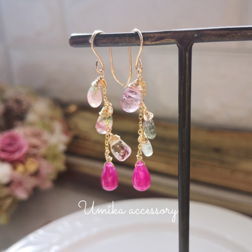 艶やかなルビーとバイカラートルマリンピアス14kgf ピアス（フック