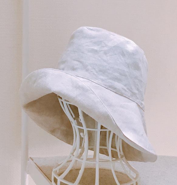 【受注製作】大きい帽子  リネン ホワイトベージュ ナチュラルベーシック 帽子 61cm〜65cmまでのご指定で作製 1枚目の画像
