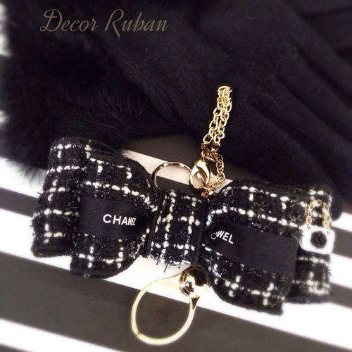 CHANEL ツイードリボン 黒 パールボタン CHANEL ツイードリボン 黒 パールボタン