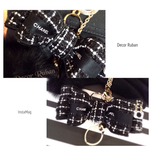 CHANEL ツイードリボン 黒 パールボタン CHANEL ツイードリボン 黒 パールボタン