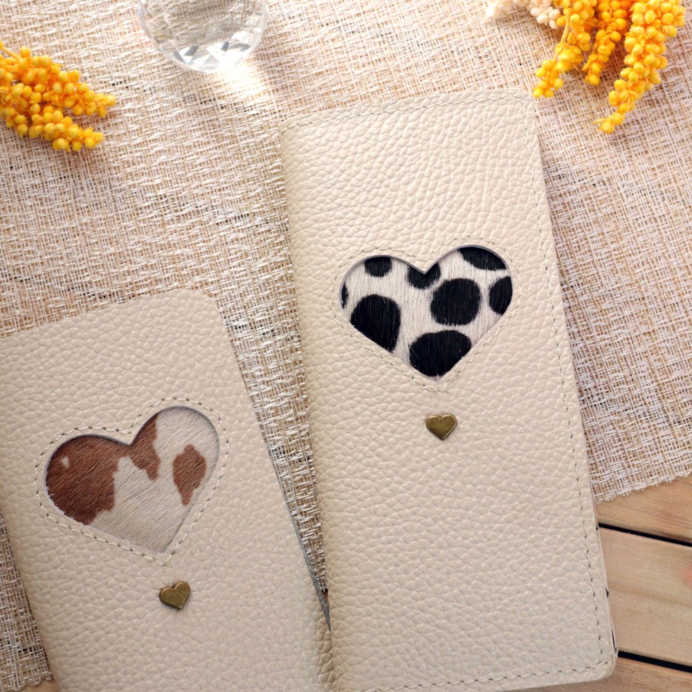 再販：毛付き革ハラコ ハート スマホケース【アイボリー】 iPhone,Xperia
