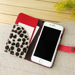毛付き革ハラコ 手帳型スマホケース（ダルメシアン/レオパード）【レッド】iPhone,Xperia 5枚目の画像