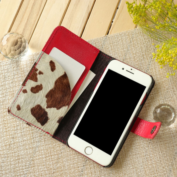 毛付き革ハラコ「ホルスタイン」 手帳型スマホケース iPhone,Xperia 2枚目の画像