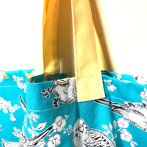 水色インコ柄　エコバッグ　巾着ポーチ付き 2枚目の画像
