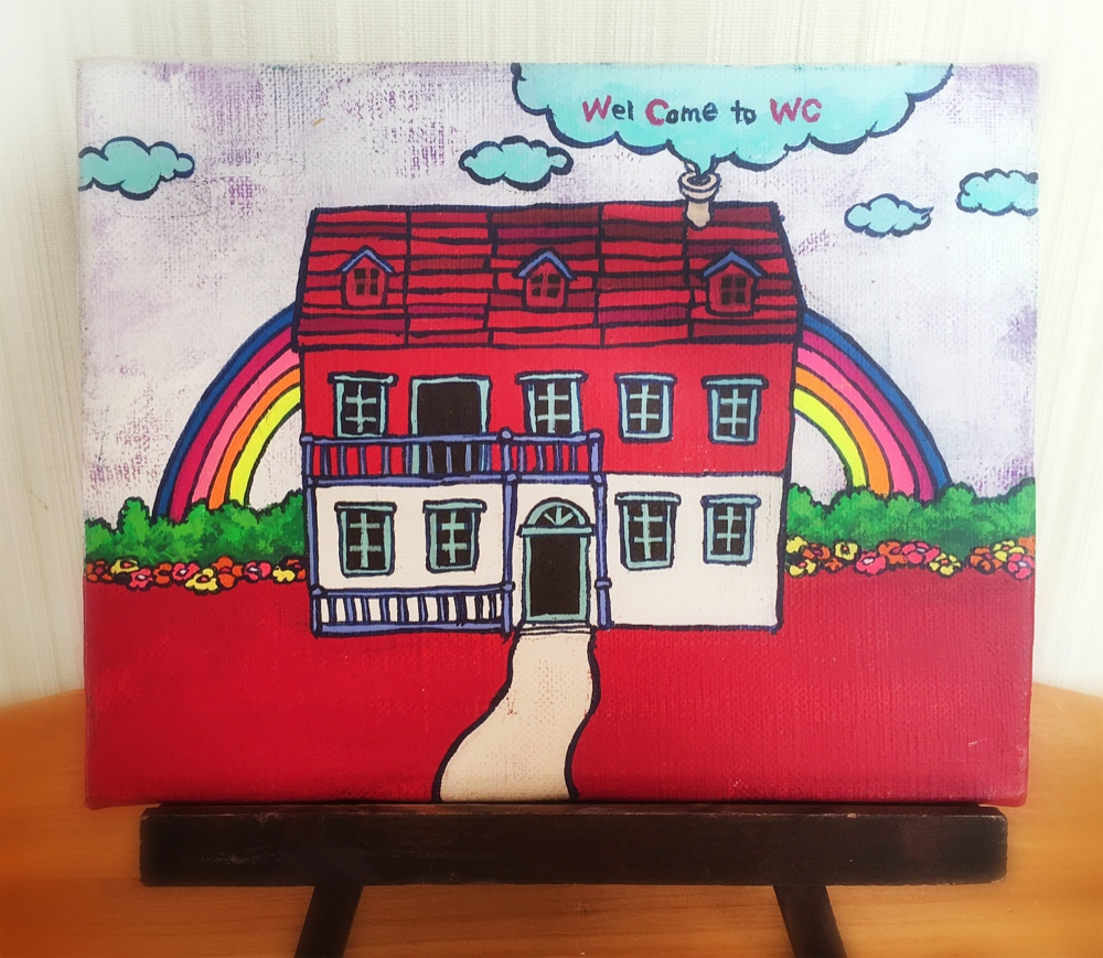 トイレの煙突　トイレ絵　原画　トイレイラスト　洋式トイレ　絵　家　煙突　キャンバス　アクリル絵の具