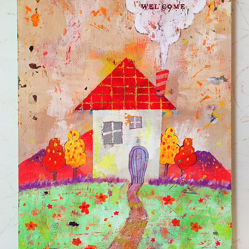 赤い屋根の家 絵 家 クラッキングメディウム 素材感 木製パネル 絵画