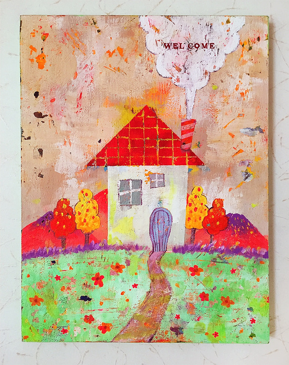 赤い屋根の家 絵 家 クラッキングメディウム 素材感 木製パネル 絵画