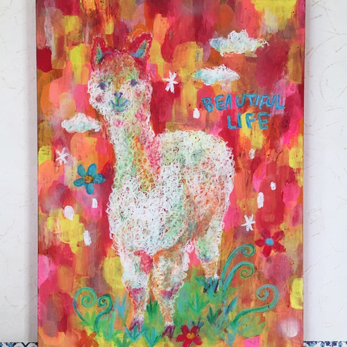 送料無料！アルパカ 絵 かわいい ポップ カラフル 絵画 まき 通販